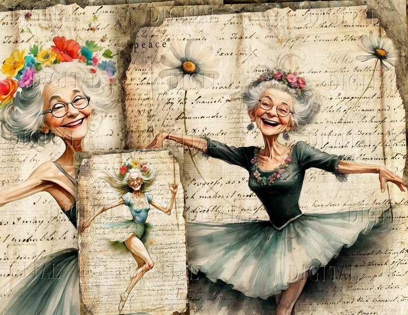 Watercolor illustration of a joyful elderly woman in a ballet pose, wearing a teal tutu and a floral crown. The background features aged paper with handwritten script and a daisy. The image has a vintage, whimsical feel. DigitalFit Etsy Store: https://www.etsy.com/shop/DigitalFit