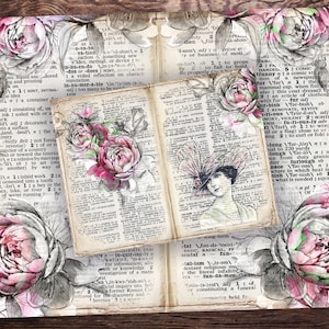 Rosen Wörterbuch Seiten, Antike Bilder, Floral bedruckbares Collage Sheet, 10 Viktorianisches Junk Journal Papier, PDF