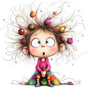May include: A cartoon illustration of a wide-eyed character with messy brown hair adorned with colorful Christmas ornaments. The character wears a pink long-sleeved shirt and sits on a multi-colored blanket with striped socks, looking upward.