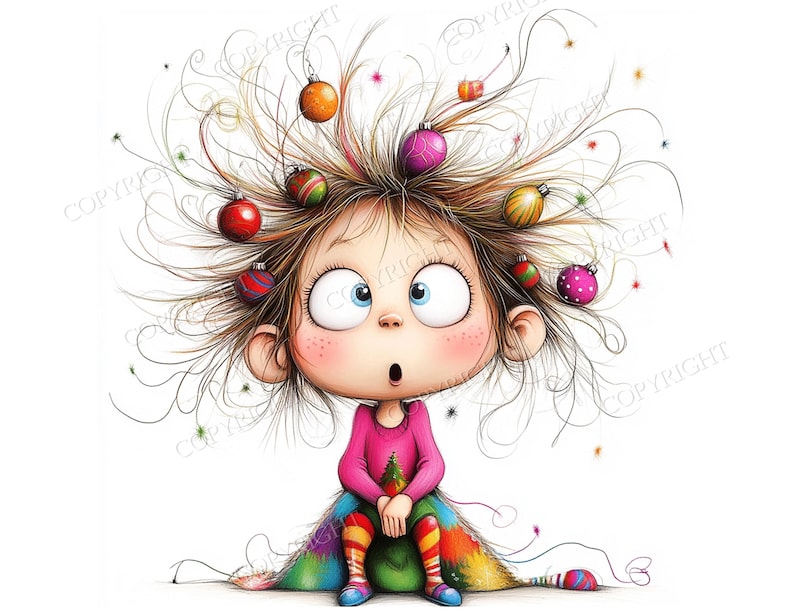 May include: A cartoon illustration of a wide-eyed character with messy brown hair adorned with colorful Christmas ornaments. The character wears a pink long-sleeved shirt and sits on a multi-colored blanket with striped socks, looking upward.
