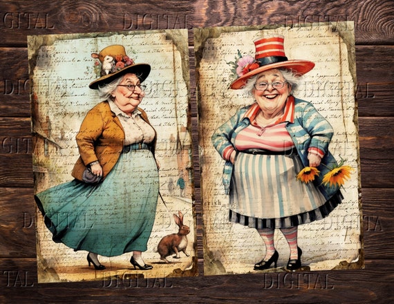 Whimsical Old Lady Junk Journal Pages: Funny Quirky Women (PDF)