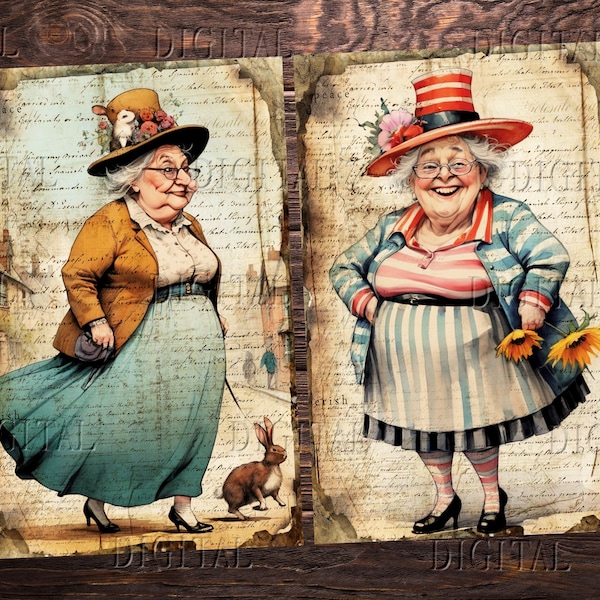 Whimsical Old Lady Junk Journal Pages, 22 Funny Quirky Old Woman, Half Digital Pages, 5.5 x 8.5", PDF