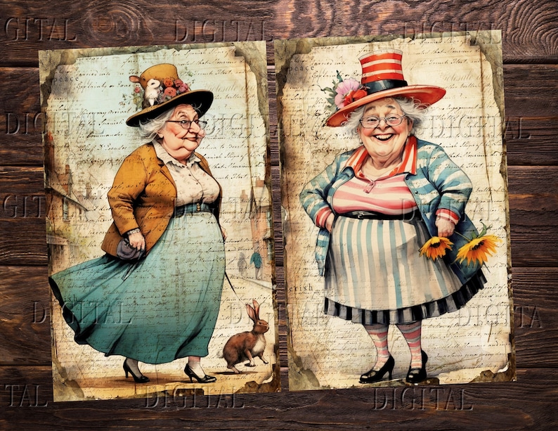 May include: Two women wearing hats and dresses stand on a vintage background with handwritten text. The woman on the left is wearing a brown jacket, a blue skirt, and a hat with a bird on top. The woman on the right is wearing a red, white, and blue striped dress, a red, white, and blue hat, and a blue jacket. She is holding a bouquet of sunflowers.