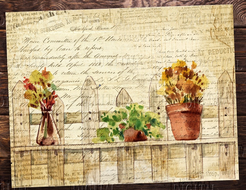 K&ouml;nnte beinhalten: Ein Aquarellgem&auml;lde eines wei&szlig;en Lattenzauns mit drei Topfpflanzen. Die Pflanzen sind ein Strau&szlig; gelber und orangefarbener Blumen, eine gr&uuml;ne Pflanze mit wei&szlig;en Bl&uuml;ten und eine gr&uuml;ne Pflanze mit roten Bl&uuml;ten. Der Hintergrund ist ein Vintage-Zeitungsdruck, der verblasst ist.