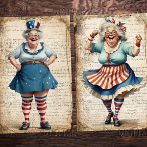 Puede incluir: Dos ilustraciones de una mujer con un atuendo rojo, blanco y azul con un tema patri&oacute;tico. La mujer de la izquierda est&aacute; de pie con las manos en las caderas, mientras que la mujer de la derecha est&aacute; bailando con los brazos en alto.