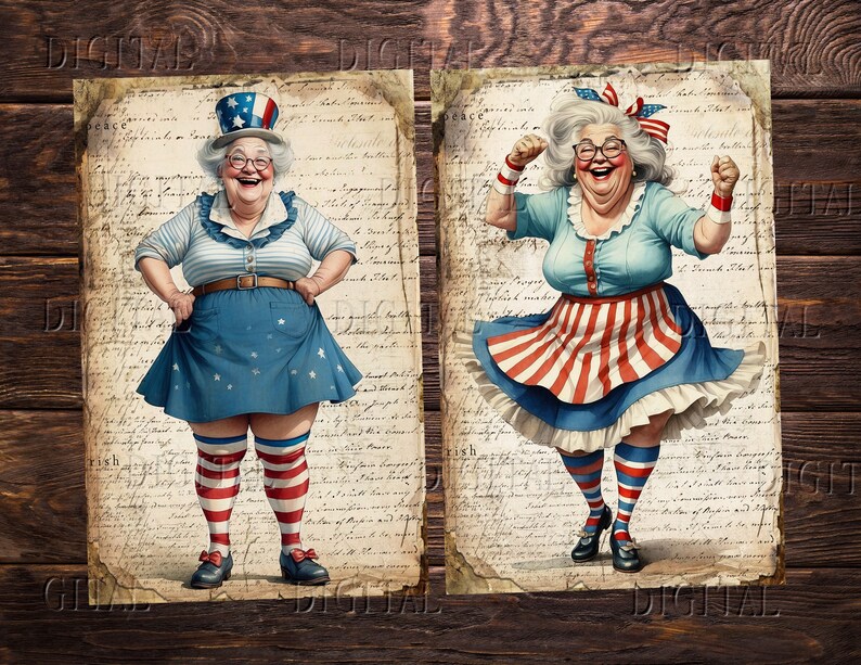 Puede incluir: Dos ilustraciones de una mujer con un atuendo rojo, blanco y azul con un tema patri&oacute;tico. La mujer de la izquierda est&aacute; de pie con las manos en las caderas, mientras que la mujer de la derecha est&aacute; bailando con los brazos en alto.
