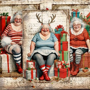 Three women dressed in festive attire are surrounded by wrapped gifts. DigitalFit Etsy Store: https://www.etsy.com/shop/DigitalFit