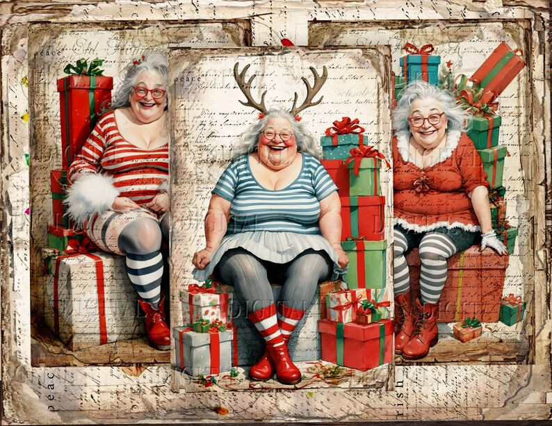 Three women dressed in festive attire are surrounded by wrapped gifts. DigitalFit Etsy Store: https://www.etsy.com/shop/DigitalFit