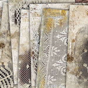 May include: A set of eight vintage-style paper sheets with a distressed, aged look. Each sheet features a different lace pattern in white on a beige background. The sheets have a rustic, antique feel.