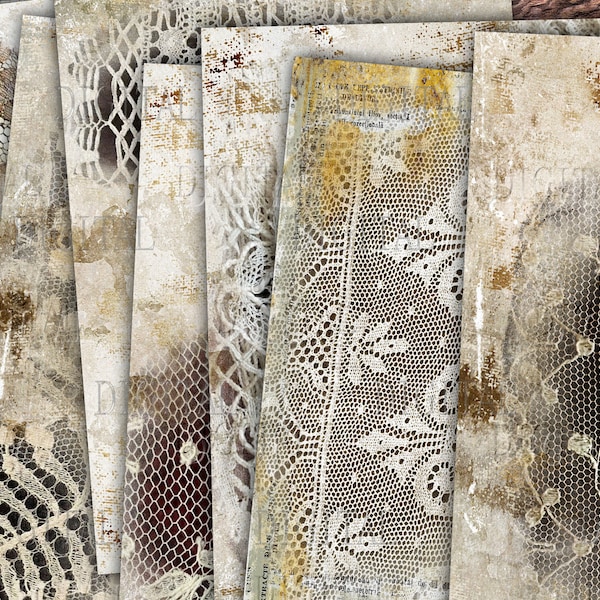 Antique Français dentelle 8 Junk Journal Pages, brodé Ivoire Floral dentelle Scrapbook papier, feuilles de Collage, PDF