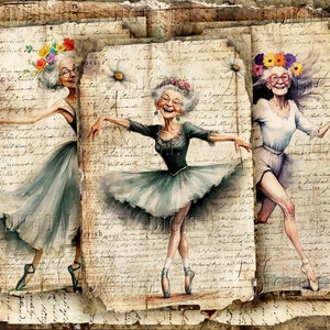 Old Lady Ballerina, SET 3, ongewenste dagboekpagina's, 16 grappige oude vrouwen die dansen, halfdigitale pagina's, 5,5 x 8,5", pdf