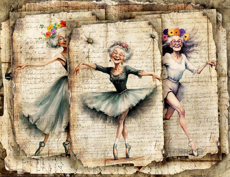 Watercolor artwork featuring three elderly women in ballet poses. Each woman wears a floral crown and ballet attire in shades of blue, green, and white. The background is aged paper with handwritten script. DigitalFit Etsy Store: https://www.etsy.com/shop/DigitalFit