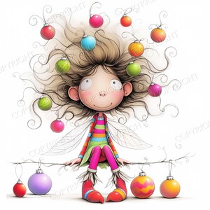 May include: A whimsical illustration of a character with wild, voluminous brown hair adorned with colorful, round Christmas ornaments. The character wears a striped shirt and pink leggings, sitting on a thin branch decorated with hanging baubles.