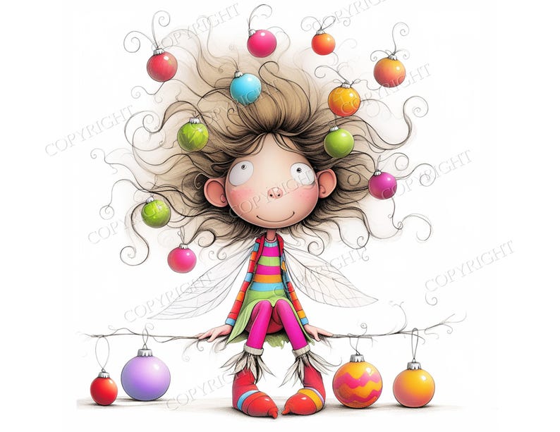 May include: A whimsical illustration of a character with wild, voluminous brown hair adorned with colorful, round Christmas ornaments. The character wears a striped shirt and pink leggings, sitting on a thin branch decorated with hanging baubles.