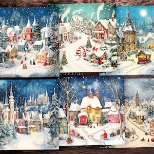 Può includere: Un set di sei cartoline di Natale vintage che raffigurano scene invernali innevate di incantevoli villaggi europei. Le cartoline presentano case colorate, alberi coperti di neve e luci scintillanti, creando un'atmosfera festosa nostalgica.