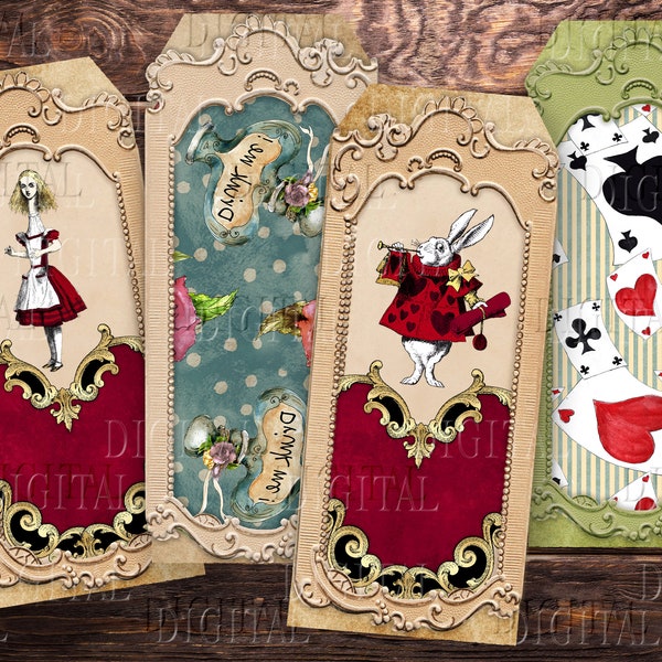 Alice in Wonderland, 16 Printable Tags, Alice Labels, Junk Journal Ephemera Pack, PDF