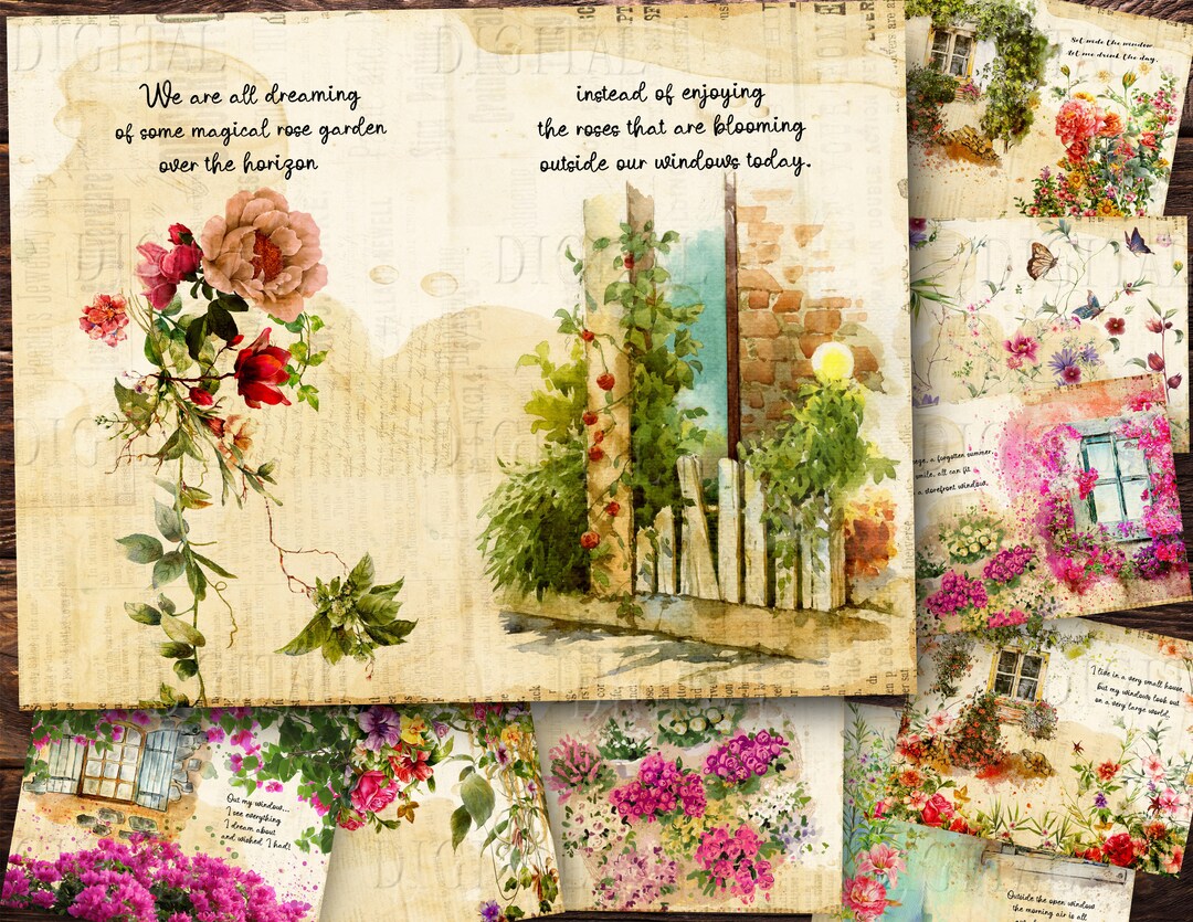 Old Windows & Spring Blooming Garden, 12 Vintage Cottage Junk Journal ...