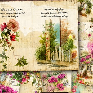 Frühlingshafte Fenster & blühender Garten, 12 Seiten Vintage Cottage Junk Journal, PDF