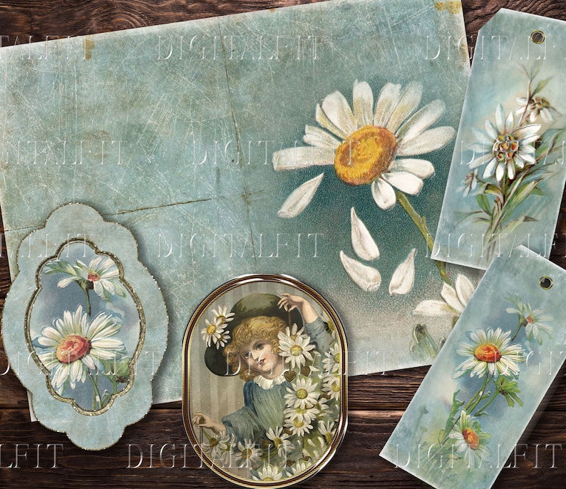 May include: Four vintage images featuring daisies and a young girl with a bouquet of daisies. The images are on a blue background with a distressed look. The images are surrounded by a wooden frame.