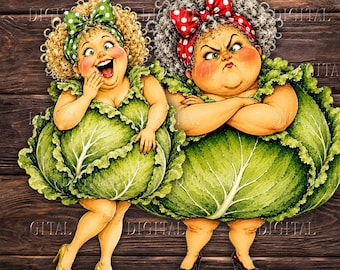 28 Funny Cabbage Paper Dolls, Whimsical Vegetable Characters, Junk Journal Printable Ephemera, PDF