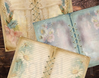 May include: Three vintage-style journals with floral designs and lined pages. Each journal is bound with a decorative stitching detail.