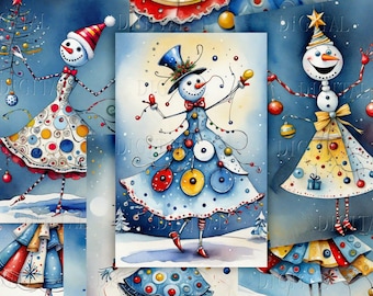 Christmas Girl Snowman, 8 Digital Christmas Collage Sheets, PDF