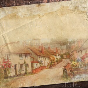 Peut inclure: Une illustration de style vintage d'un village anglais pittoresque avec des maisons en pierre, une rue pav&eacute;e et une v&eacute;g&eacute;tation luxuriante. L'image a un aspect d&eacute;lav&eacute; et vieilli, ce qui lui donne une ambiance nostalgique.