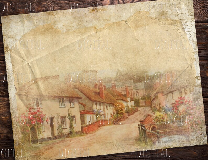 Peut inclure: Une illustration de style vintage d'un village anglais pittoresque avec des maisons en pierre, une rue pav&eacute;e et une v&eacute;g&eacute;tation luxuriante. L'image a un aspect d&eacute;lav&eacute; et vieilli, ce qui lui donne une ambiance nostalgique.