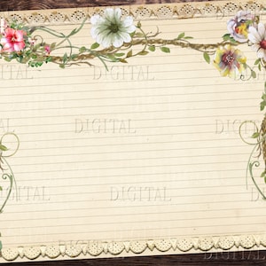 May include: A vintage-style printable journal page with a floral border. The border features white, pink, and yellow flowers with green vines and leaves. The background is a light beige with horizontal lines.