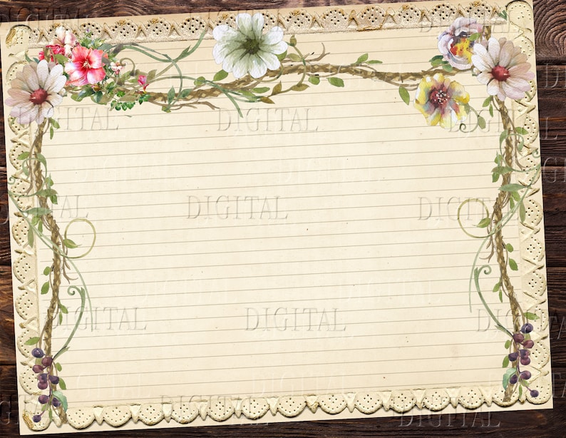May include: A vintage-style printable journal page with a floral border. The border features white, pink, and yellow flowers with green vines and leaves. The background is a light beige with horizontal lines.