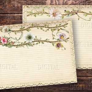 May include: Two printable sheets of lined paper with a floral border. The border features vines with white, pink, and yellow flowers. The paper has a vintage look and feel.