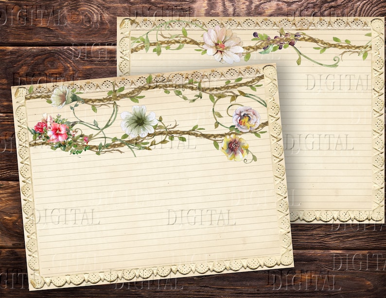 May include: Two printable sheets of lined paper with a floral border. The border features vines with white, pink, and yellow flowers. The paper has a vintage look and feel.
