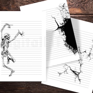 May include: Three lined paper sheets with a skeleton illustration on one sheet and a cracked wall effect on the other two sheets.