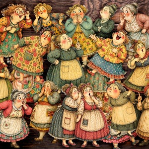 May include: A whimsical illustration featuring a group of cartoonish older women in colorful dresses and aprons. They are depicted in various surprised and gossiping poses, set against a dark wood-grain background.