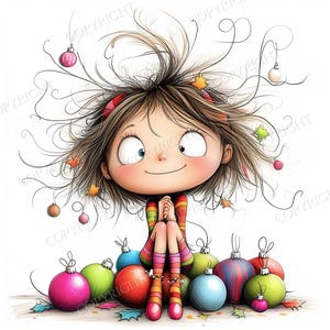May include: A cartoon illustration of a character with messy brown hair adorned with small hanging ornaments, wearing a striped long-sleeve shirt and socks, sitting amidst a collection of colorful, round Christmas baubles on a white background.