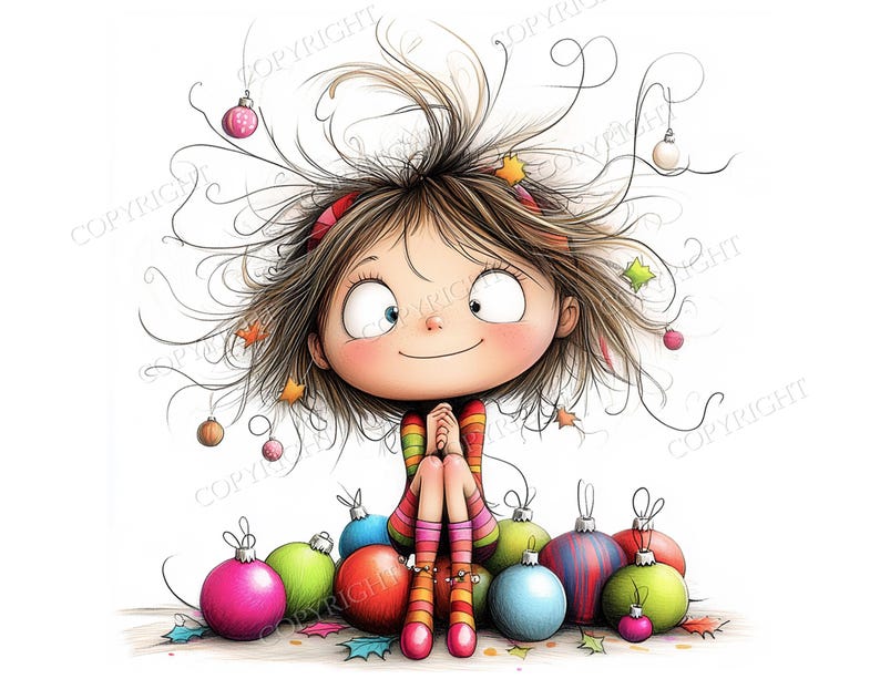 May include: A cartoon illustration of a character with messy brown hair adorned with small hanging ornaments, wearing a striped long-sleeve shirt and socks, sitting amidst a collection of colorful, round Christmas baubles on a white background.