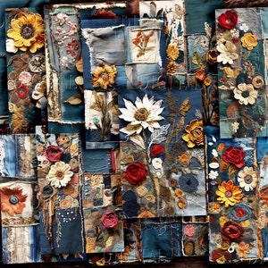 Distressed Denim & Flowers, 18 Junk Journal Half Pages, Digital Scrapbook Paper Kit,  5.5 x 8.5",  Half Pages, PDF