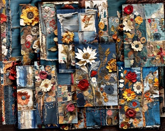 Denim & Flowers Junk Journal Pages: Distressed Scrapbook Kit (PDF)