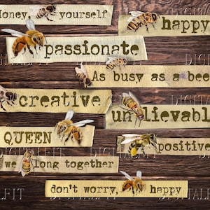 Bee Printable Words, Bees Funny Words, Junk Journal Bee Ephemera, Collage Sheet, Scrapbooking, PDF