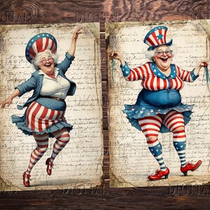 Puede incluir: Dos ilustraciones de mujeres vestidas con ropa patri&oacute;tica roja, blanca y azul. Las mujeres llevan sombreros con estrellas y rayas y sonr&iacute;en. El fondo es un trozo de papel de aspecto vintage con escritura.