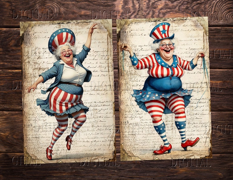 Puede incluir: Dos ilustraciones de mujeres vestidas con ropa patri&oacute;tica roja, blanca y azul. Las mujeres llevan sombreros con estrellas y rayas y sonr&iacute;en. El fondo es un trozo de papel de aspecto vintage con escritura.