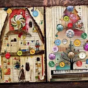 A vintage-style scrapbook page with a colorful button-covered house and a button-covered Christmas tree. The house has a red roof and white walls, and the tree is green with a brown trunk. The scrapbook page is decorated with various other buttons, paper scraps, and other embellishments. DigitalFit Etsy store: https://www.etsy.com/shop/DigitalFit