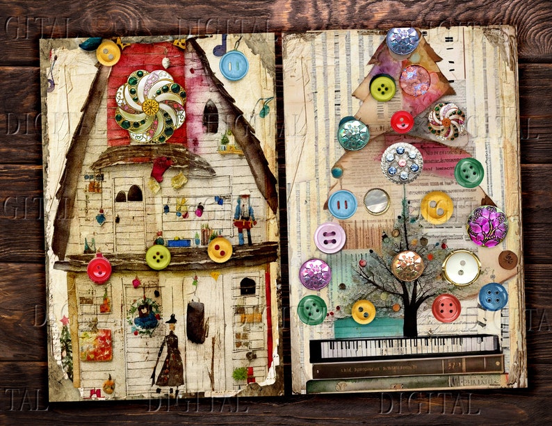 A vintage-style scrapbook page with a colorful button-covered house and a button-covered Christmas tree. The house has a red roof and white walls, and the tree is green with a brown trunk. The scrapbook page is decorated with various other buttons, paper scraps, and other embellishments. DigitalFit Etsy store: https://www.etsy.com/shop/DigitalFit