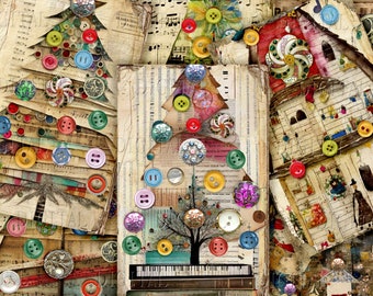 Choinka, Domy Bożonarodzeniowe, 14 Junk Journal Half Papers, Wydrukowalny Scrap Patchwork Collage, PDF