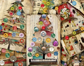 Christmas Tree, Christmas Houses, 14 Junk Journal Half Papers, Printable Scrap Patchwork Collage, PDF