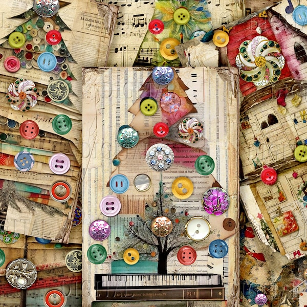 Christmas Tree, Christmas Houses, 14 Junk Journal Half Papers, Printable Scrap Patchwork Collage, PDF