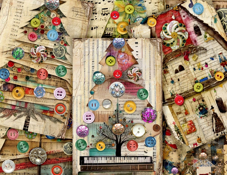 A collage of vintage paper scraps, sheet music, and buttons arranged in the shape of a Christmas tree. The tree is decorated with colorful buttons, including red, blue, green, yellow, and purple. The background is a mix of brown, white, and cream.  DigitalFit Etsy store: https://www.etsy.com/shop/DigitalFit
