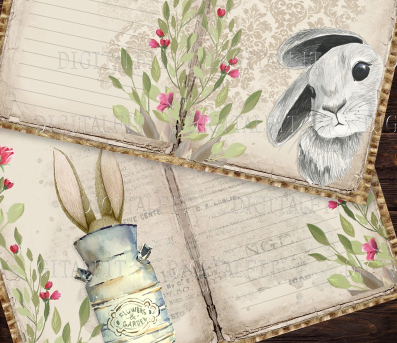 Garden Rabbit Junk Journal Pages, Easter Printable Paper, Spring Bunny ...