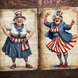 Puede incluir: Dos ilustraciones de una mujer con un atuendo rojo, blanco y azul con una falda de estrellas y rayas, una chaqueta azul y un sombrero rojo, blanco y azul. La mujer de la izquierda est&aacute; de pie con las manos en las caderas. La mujer de la derecha est&aacute; bailando con los brazos en alto.
