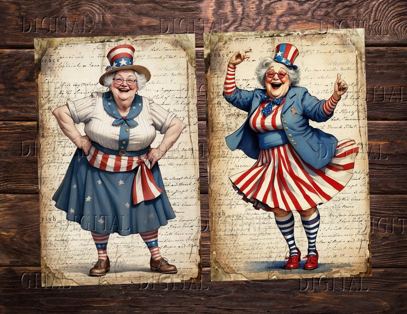 Puede incluir: Dos ilustraciones de una mujer con un atuendo rojo, blanco y azul con una falda de estrellas y rayas, una chaqueta azul y un sombrero rojo, blanco y azul. La mujer de la izquierda est&aacute; de pie con las manos en las caderas. La mujer de la derecha est&aacute; bailando con los brazos en alto.